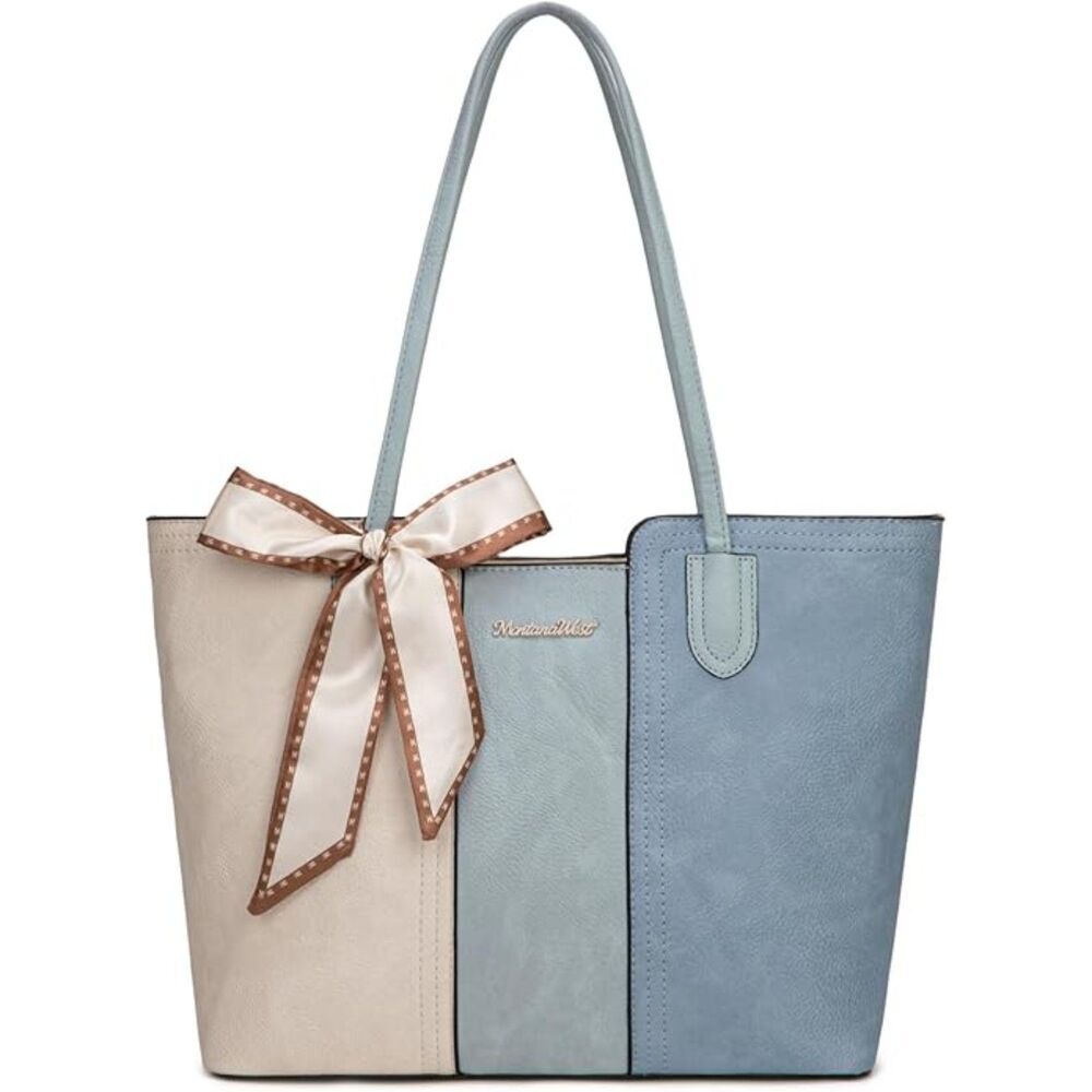 Women Beige Blue Imported Vegan Leather Top Handle Polyester Lining Tote Bag